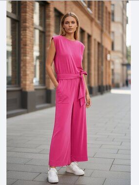 NWOT Lou & Grey Sandwashed Jumpsuit  pink wide leg tied with belt modalXL